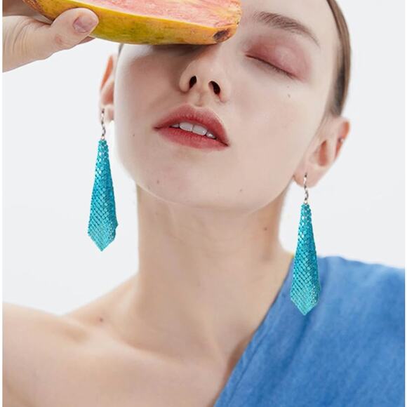 Metal Mesh Grid Earrings Blue - Picture 3 of 3